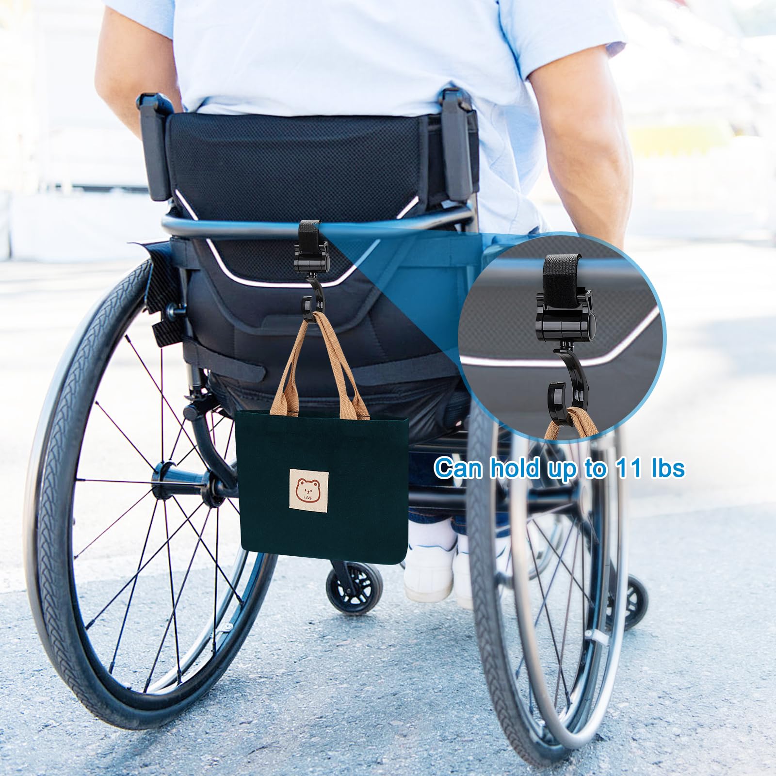 Accmor hook supports up to 11 lbs on strollers and wheelchairs.