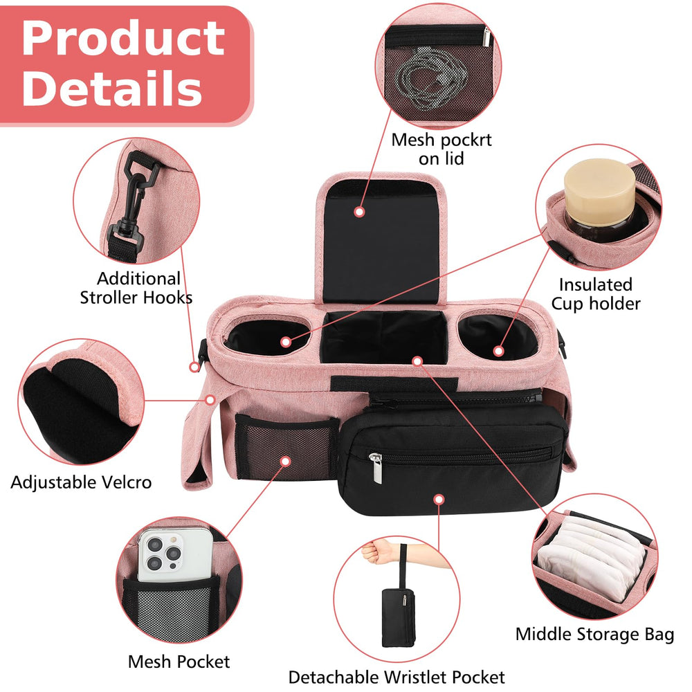 Accmor stroller storage with middle compartment for diapers and wipes.