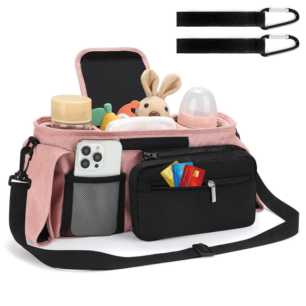 Accmor stroller caddy with detachable phone bag for quick access on walks.
