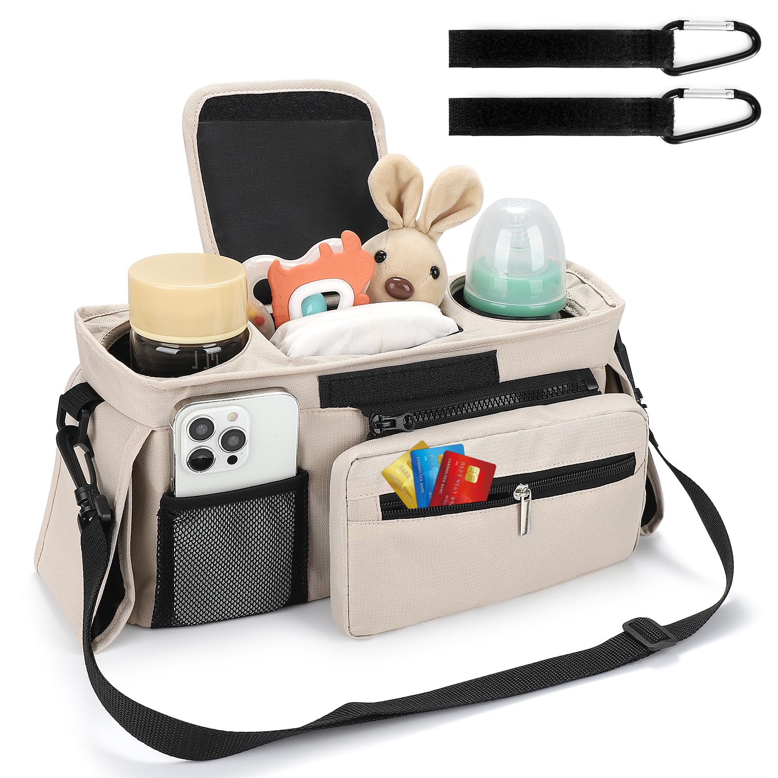 Accmor stroller caddy middle storage holds diapers, wipes, and toys within reach.