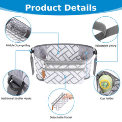 Stroller caddy features two side cup holders for bottles and drinks