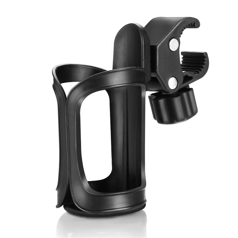 Accmor stroller cup holder with 360 rotation keeps drinks within easy reach.