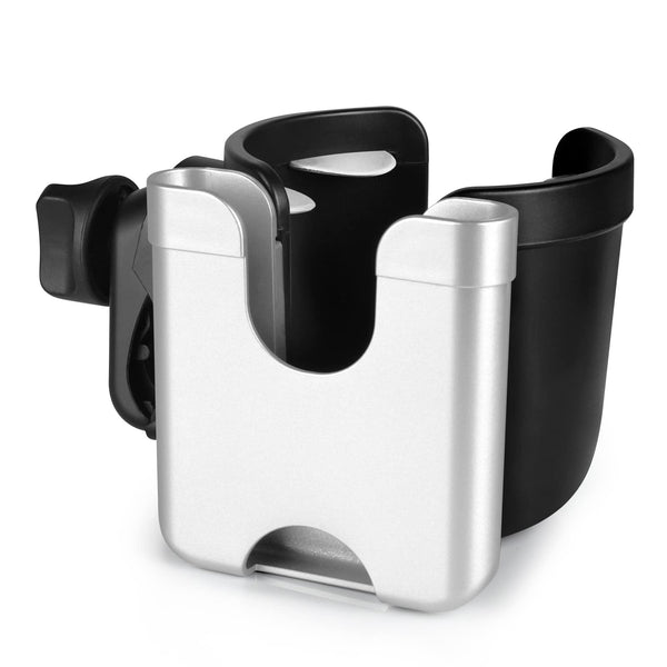 Accmor clip-on stroller cup holder with phone slot for drinks and calls.