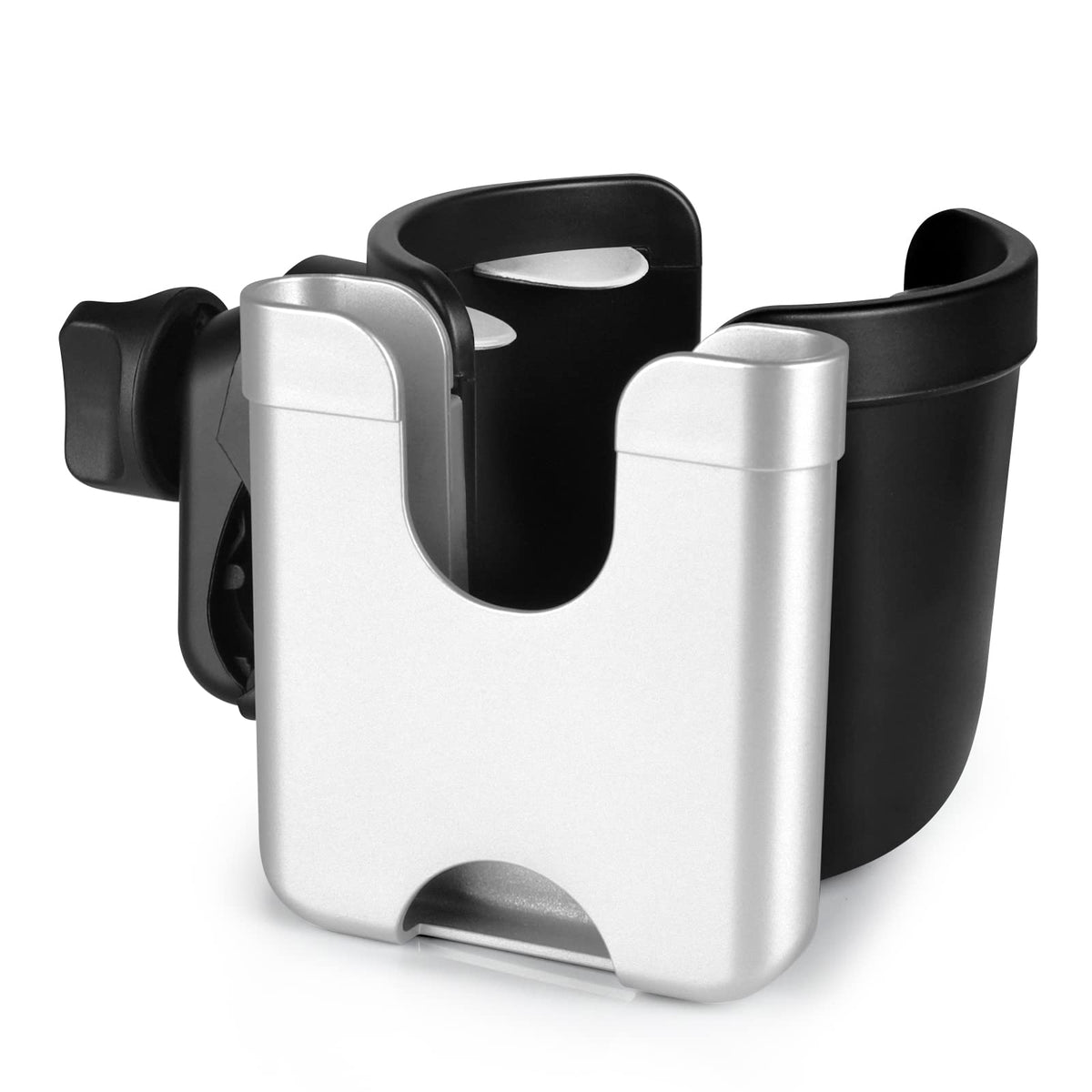 Accmor clip-on stroller cup holder with phone slot for drinks and calls.