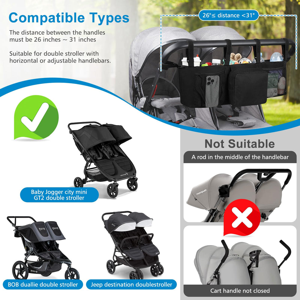 Accmor-double-stroller-organizer-deep-cup-holders stabilize tall cups.