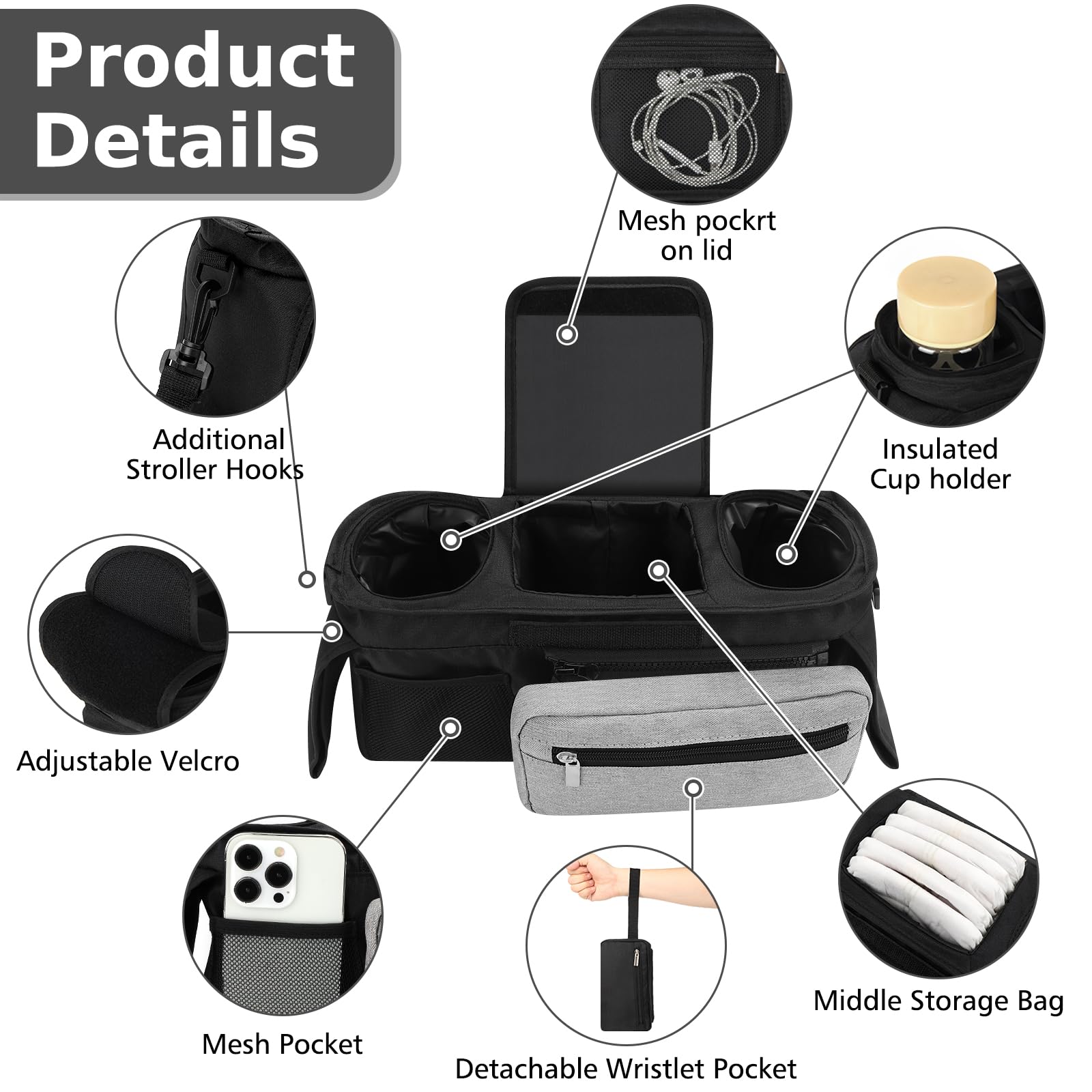 Accmor stroller organizer multi-compartment design stores diapers, wipes, and toys neatly
