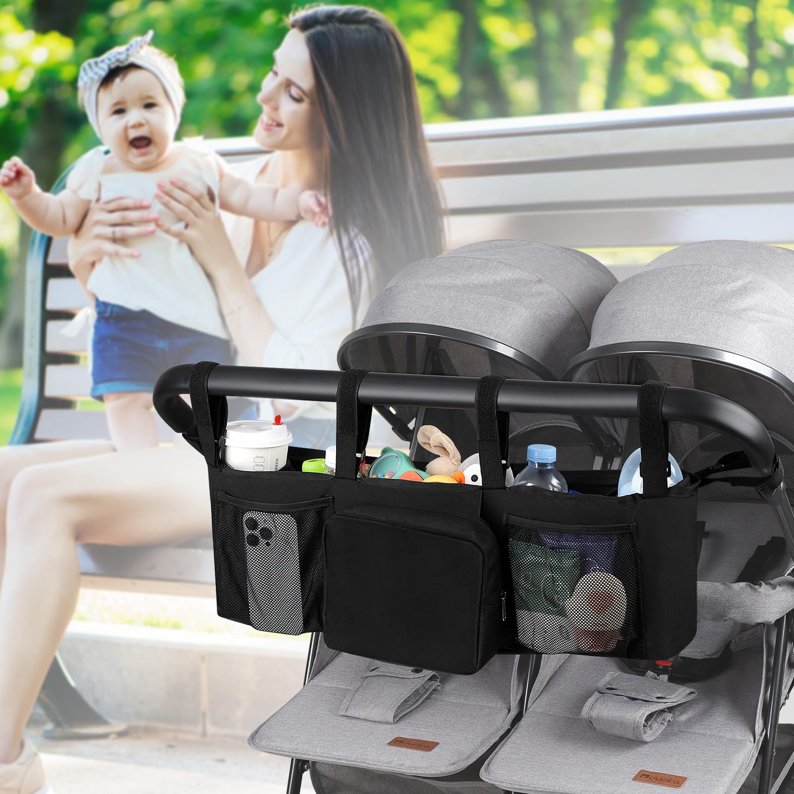 Accmor-stroller-organizer-non-slip-strap prevents shifting during bumpy rides.