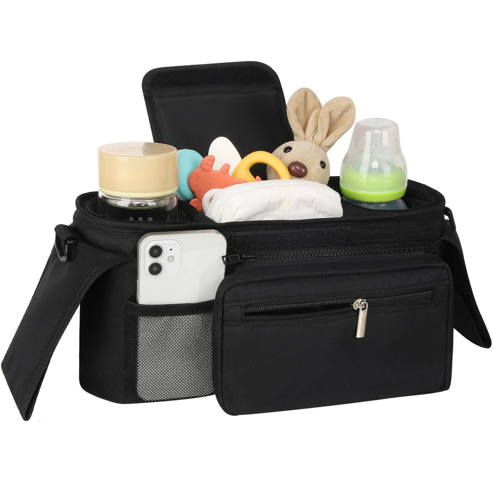 Accmor stroller organizer with shoulder strap enables hands-free transport.