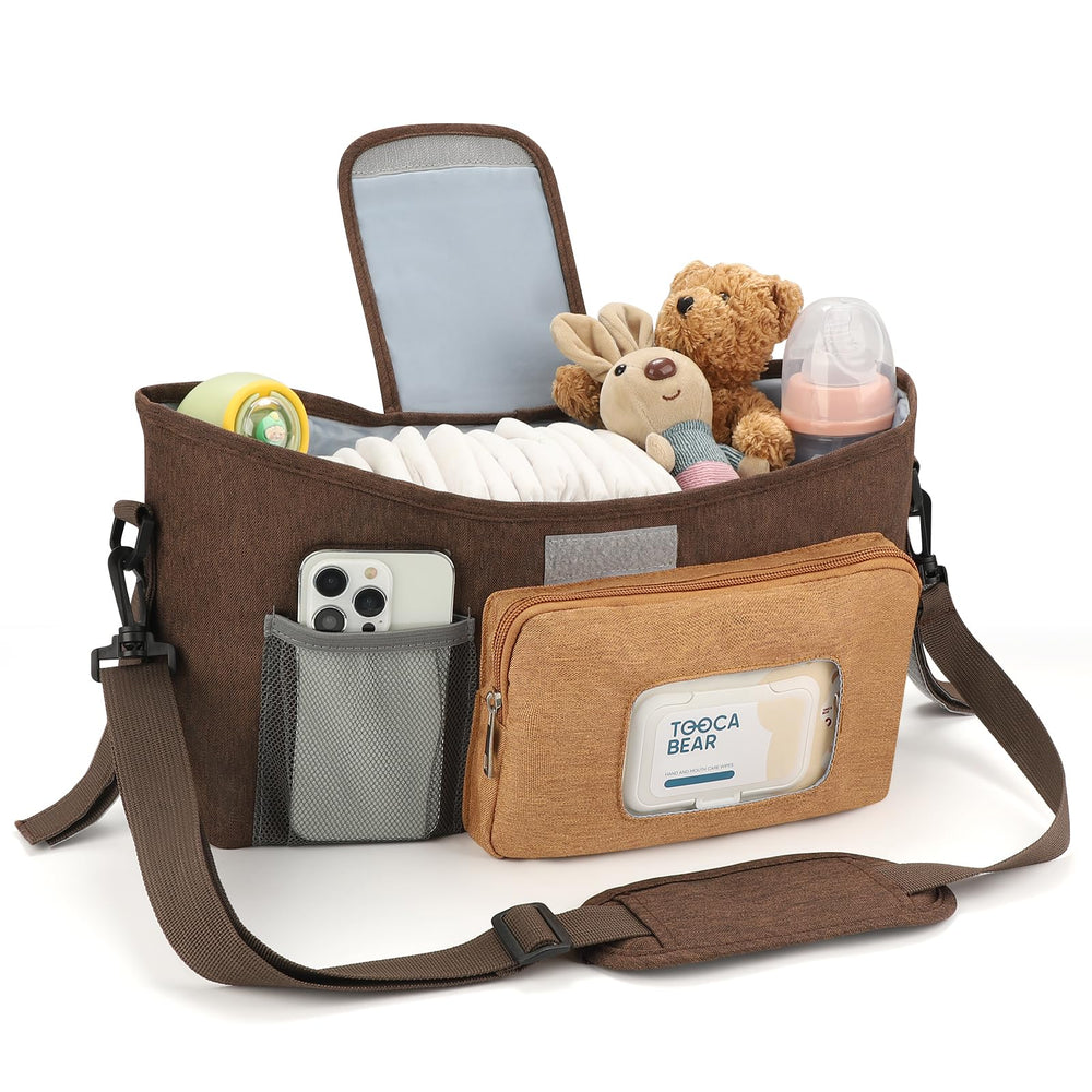 Accmor stroller organizer side insulated cup holder showcases double-drink capacity on outings.