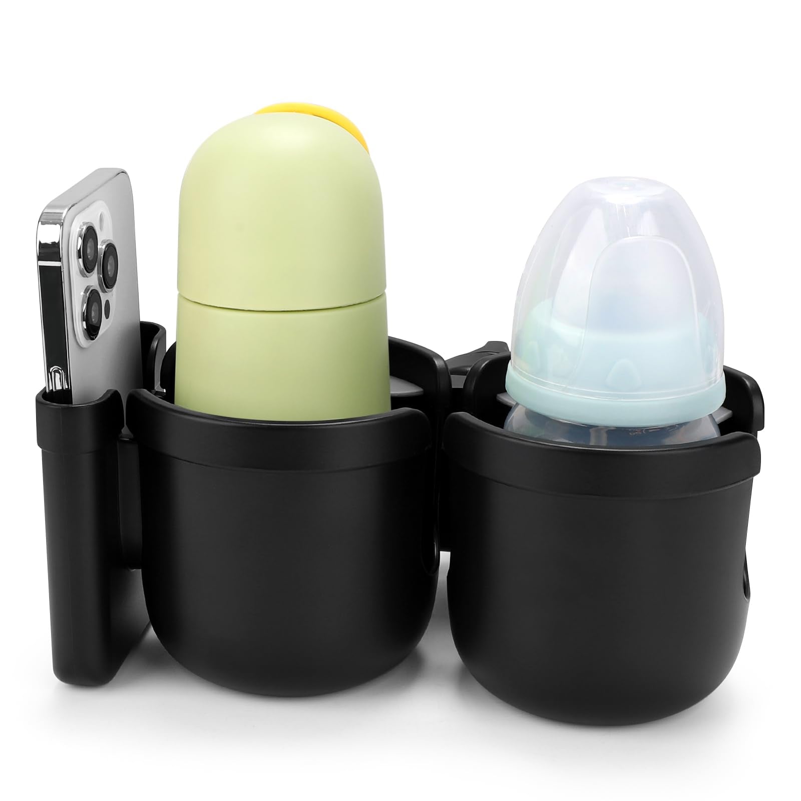 Accmor 2-in-1 cup and phone holder on a stroller enables hands-free navigation.