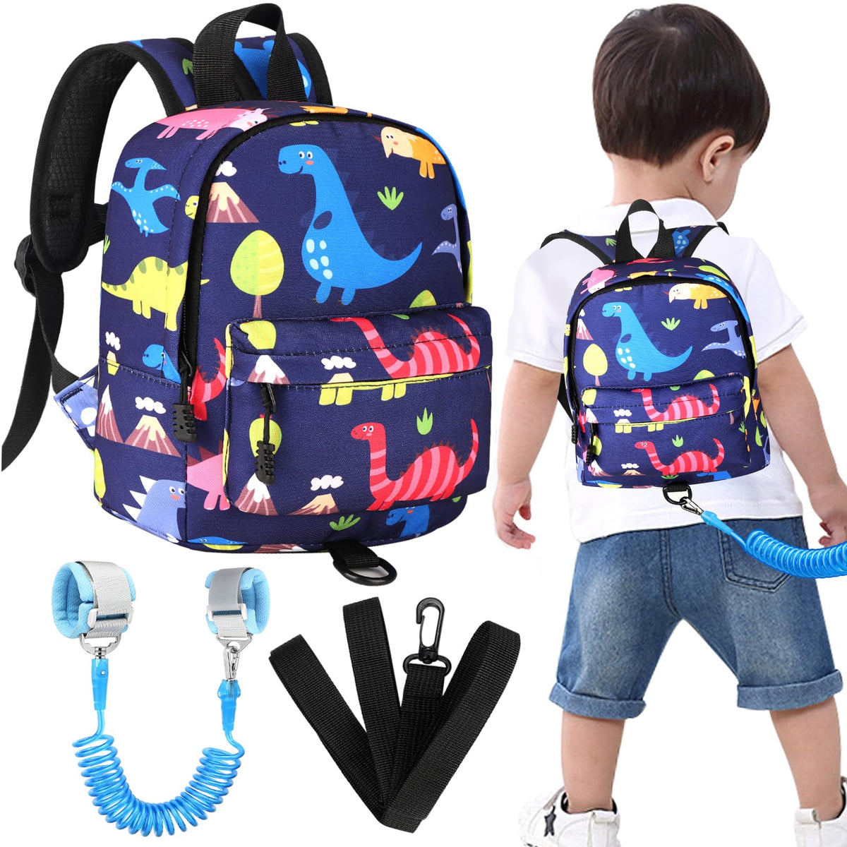 Accmor toddler backpack with dinosaur pattern in navy keeps little ones close during outings.