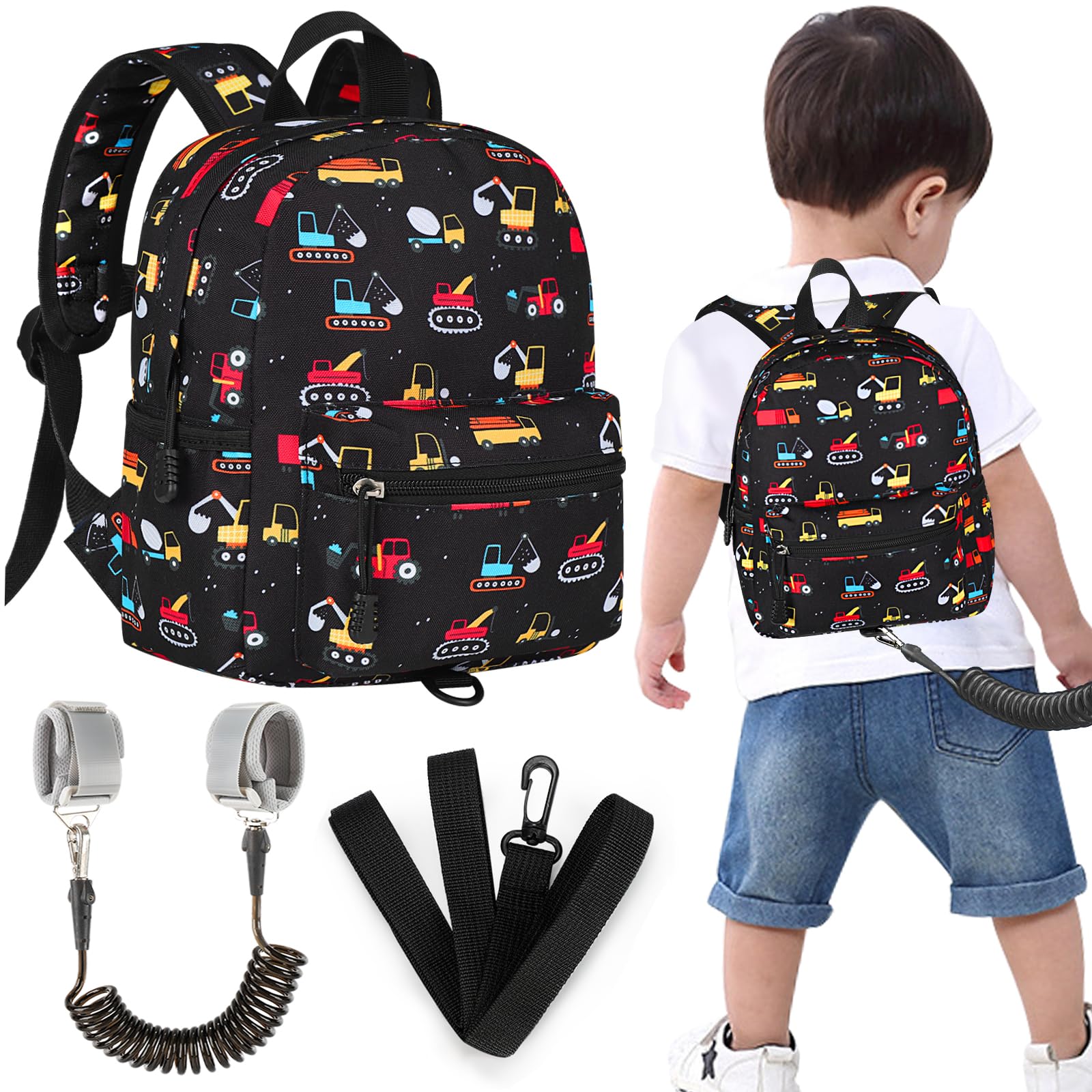 Accmor toddler backpack harness with excavator pattern for secure supervision.