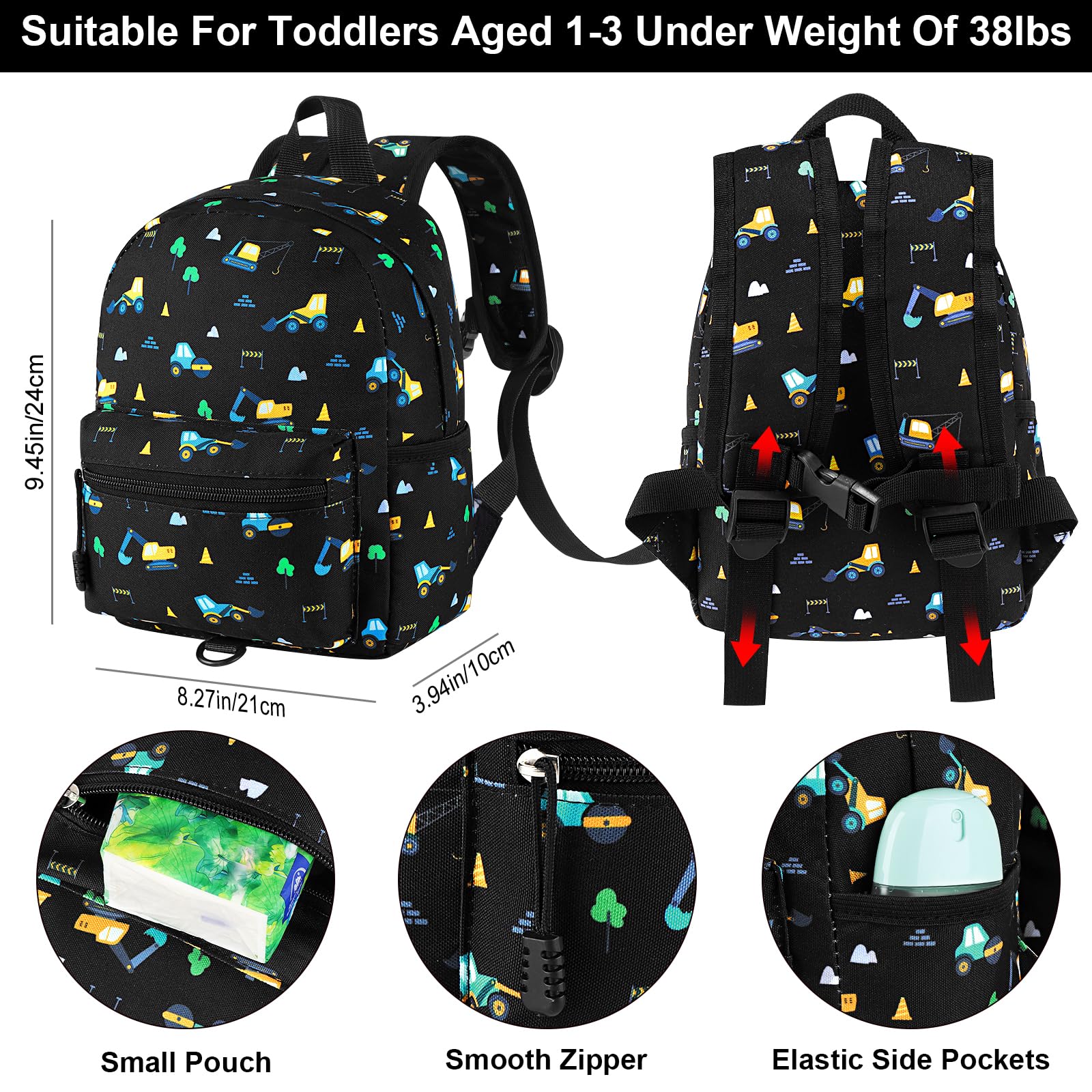 Accmor toddler backpack leash in excavator pattern back view for secure travel.