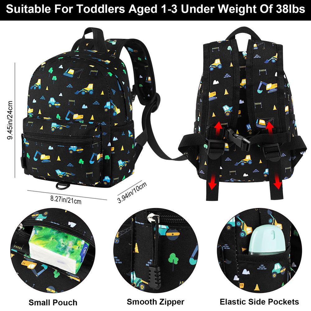 Accmor toddler backpack leash in excavator pattern back view for secure travel.