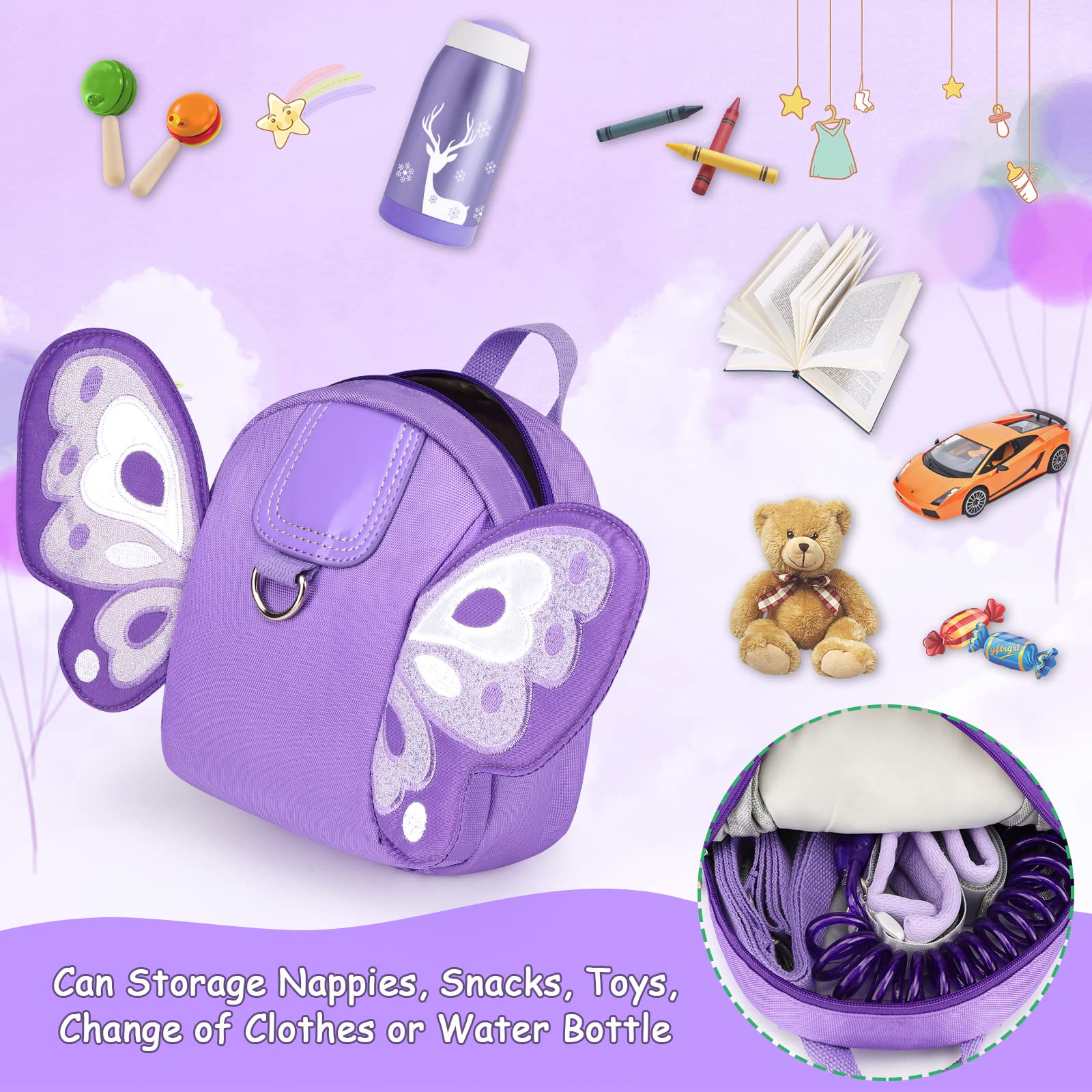 Accmor butterfly-purple backpack side view showing compact, kid-friendly size.