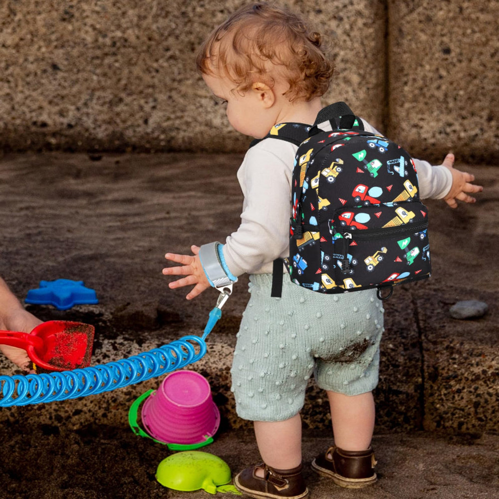 Bright excavator motif encourages kids to carry their own essentials proudly.