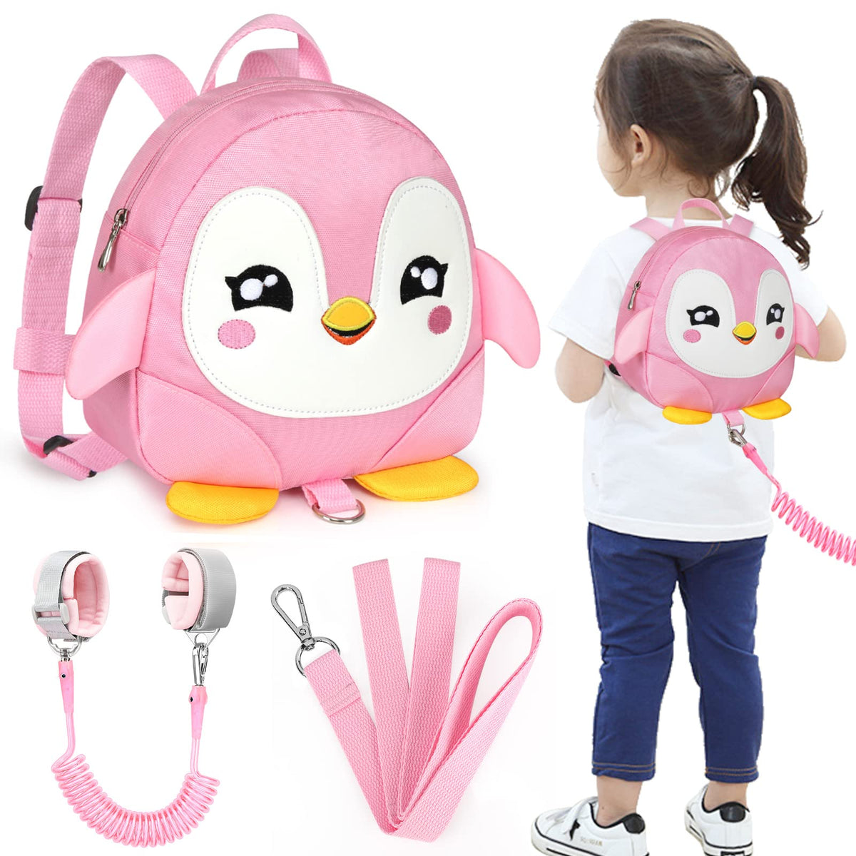 Accmor toddler harness backpack, penguin front view, keeps child close during outings.