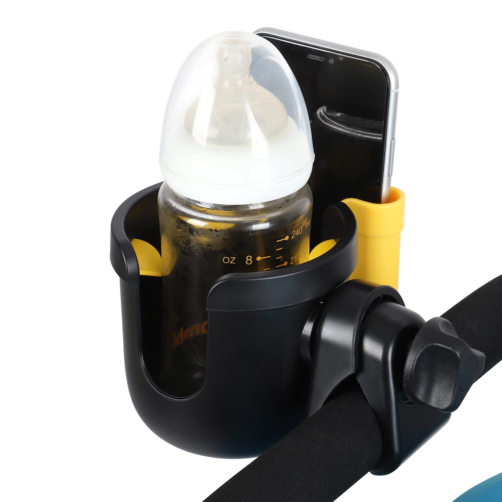 Universal cup holder attachment fits bikes, wheelchairs, and strollers for convenient hydration.