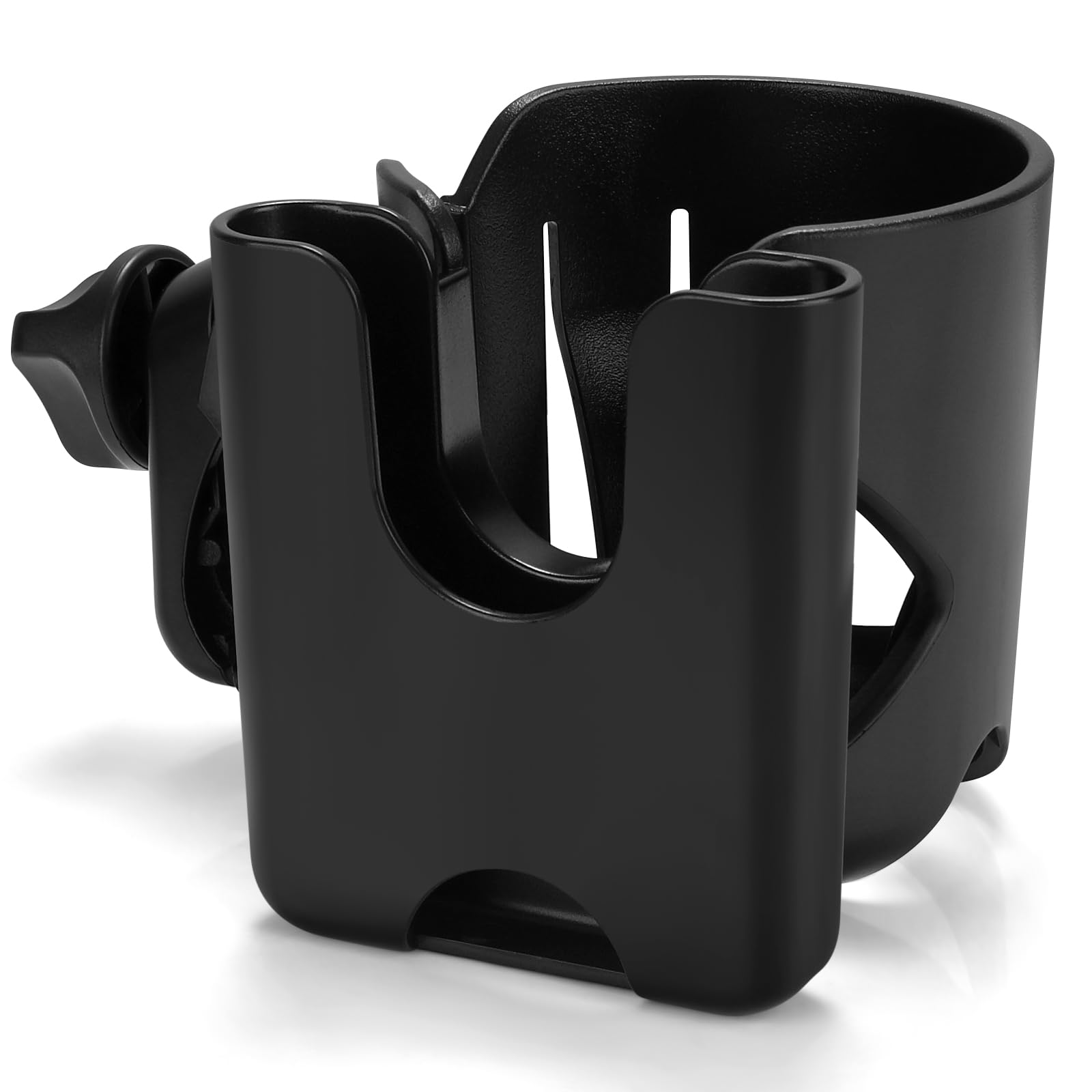Accmor universal cup holder with bottle clip on stroller for secure drinks.