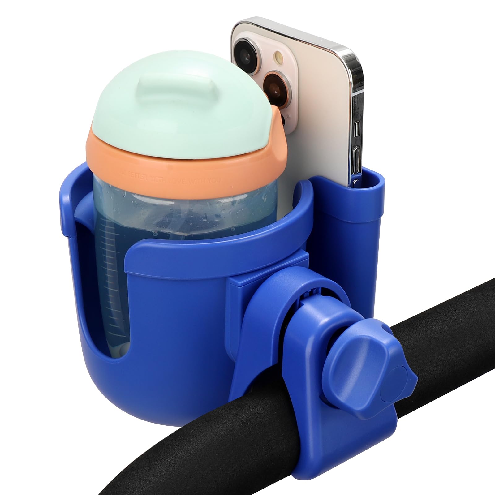 Accmor universal clip-on cup holder secures diverse bottles on various bars.