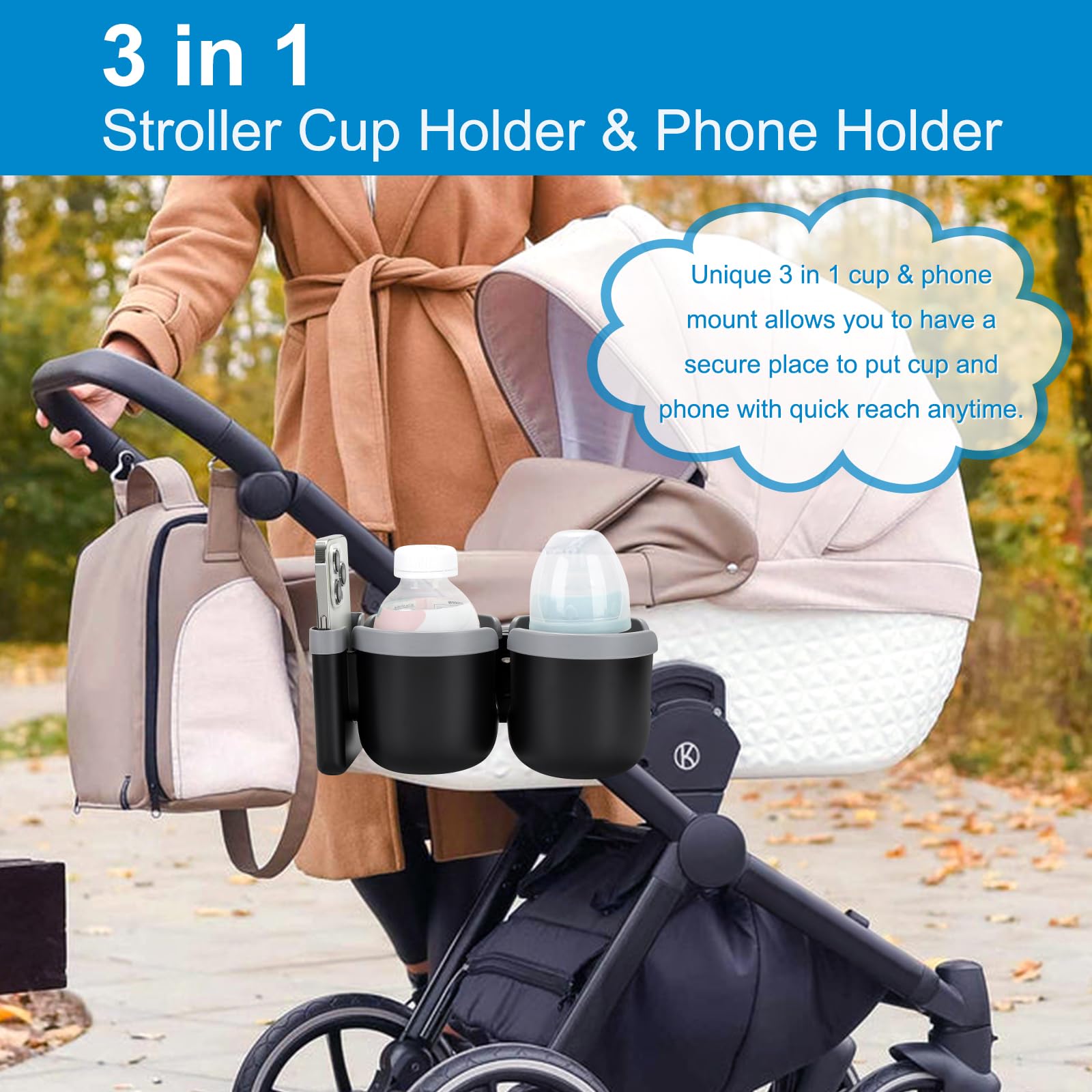 Accmor universal cup holder for strollers and bikes fits many handlebars securely.