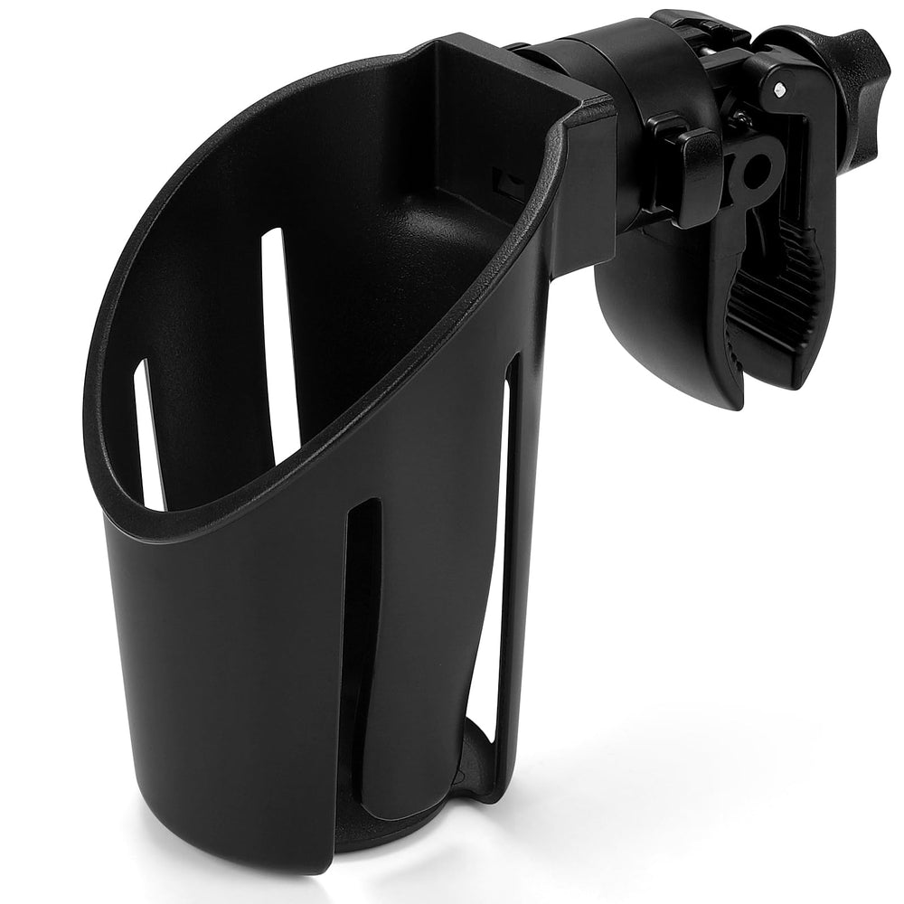 Accmor universal cup holder mounted on a stroller clamp for easy reach.