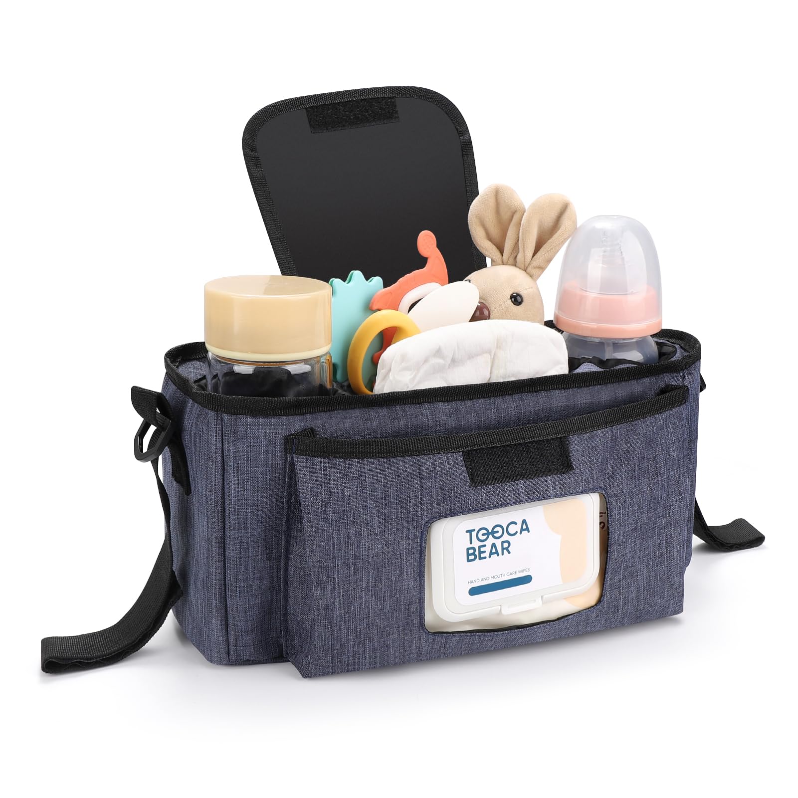 Accmor stroller organizer with insulated cup holders helps keep bottles at the right temperature.
