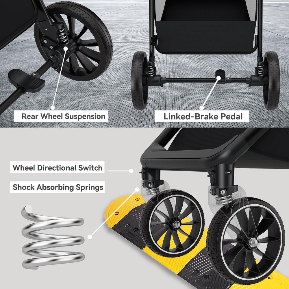 ACCOMBE 5-point belt and brakes enhance stroller security