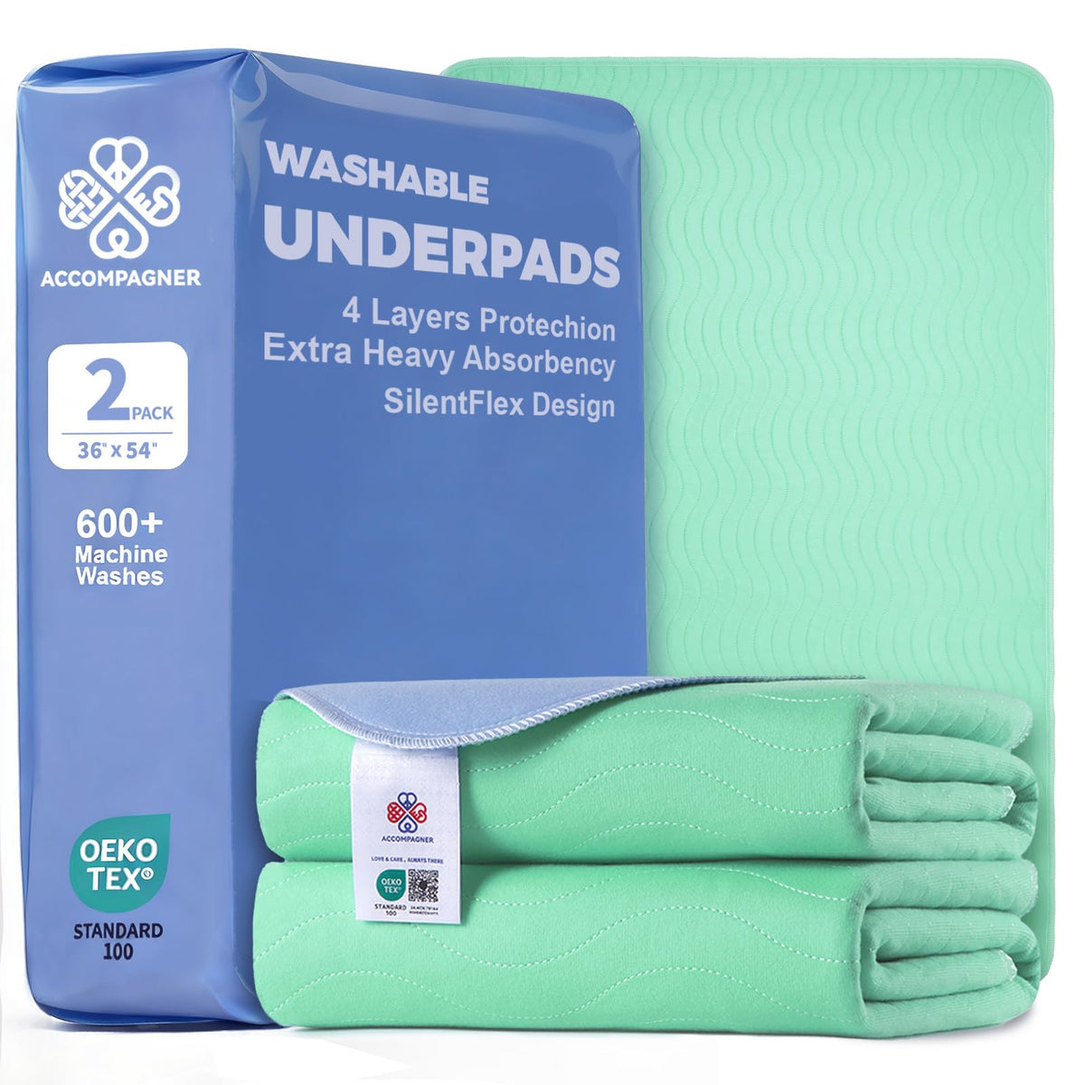 Accompagner bed pad full green 36x54 provides large coverage for beds and floors