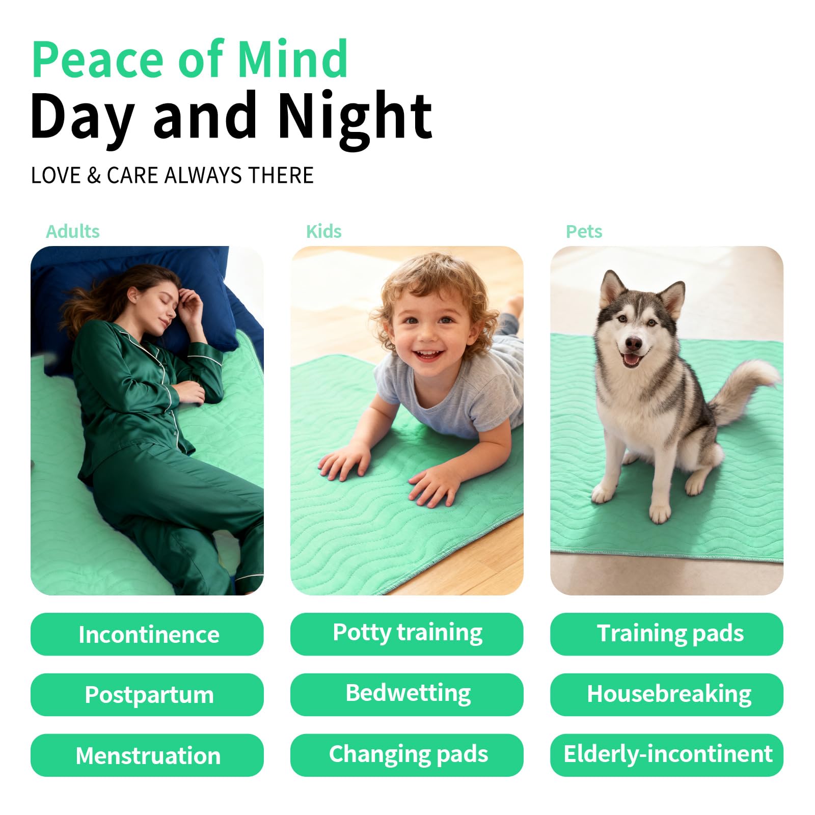 Accompagner pack two green bed pads provides versatile protection