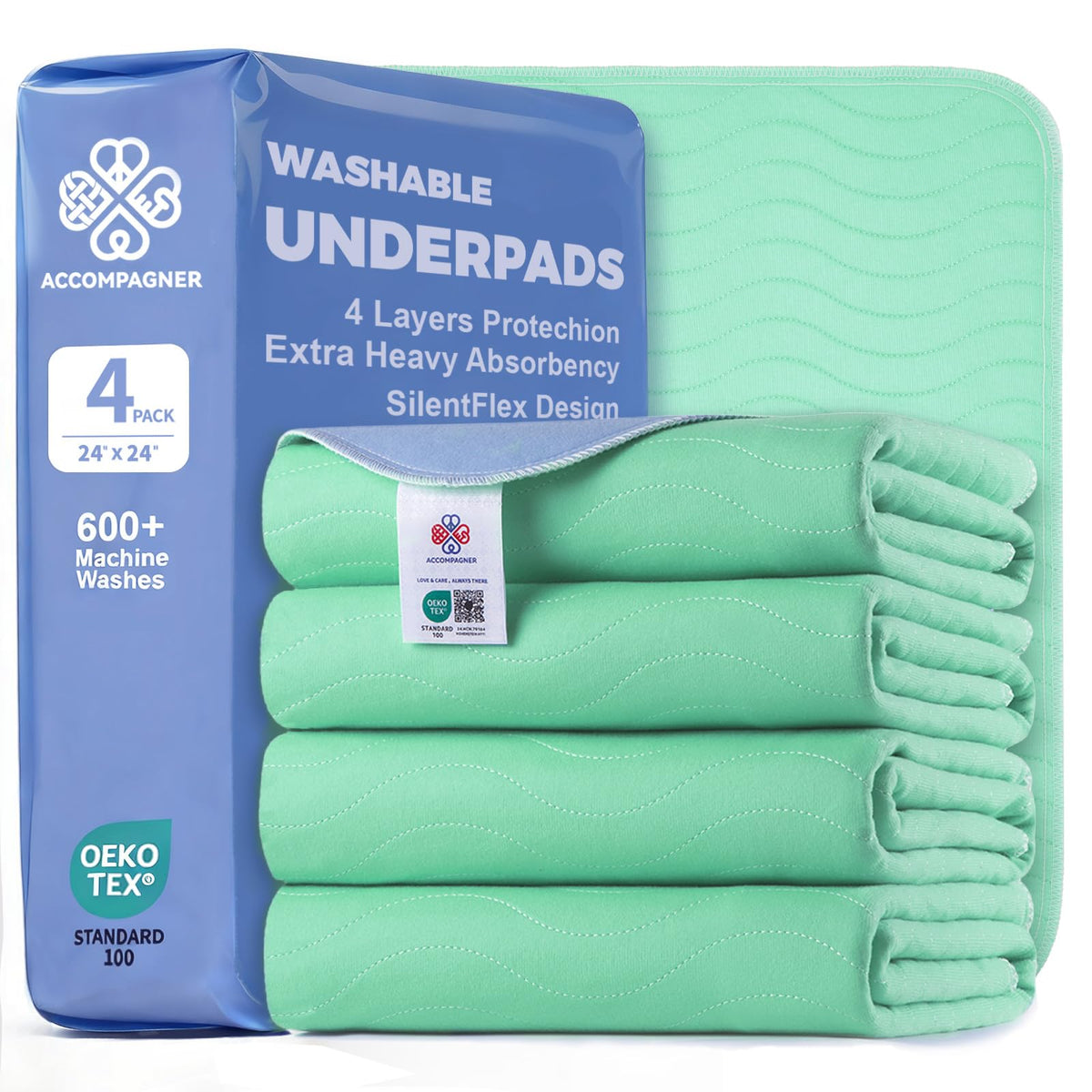 Accompagner waterproof bed pad 24x24 green pack of four protects mattresses against leaks for adults and pets