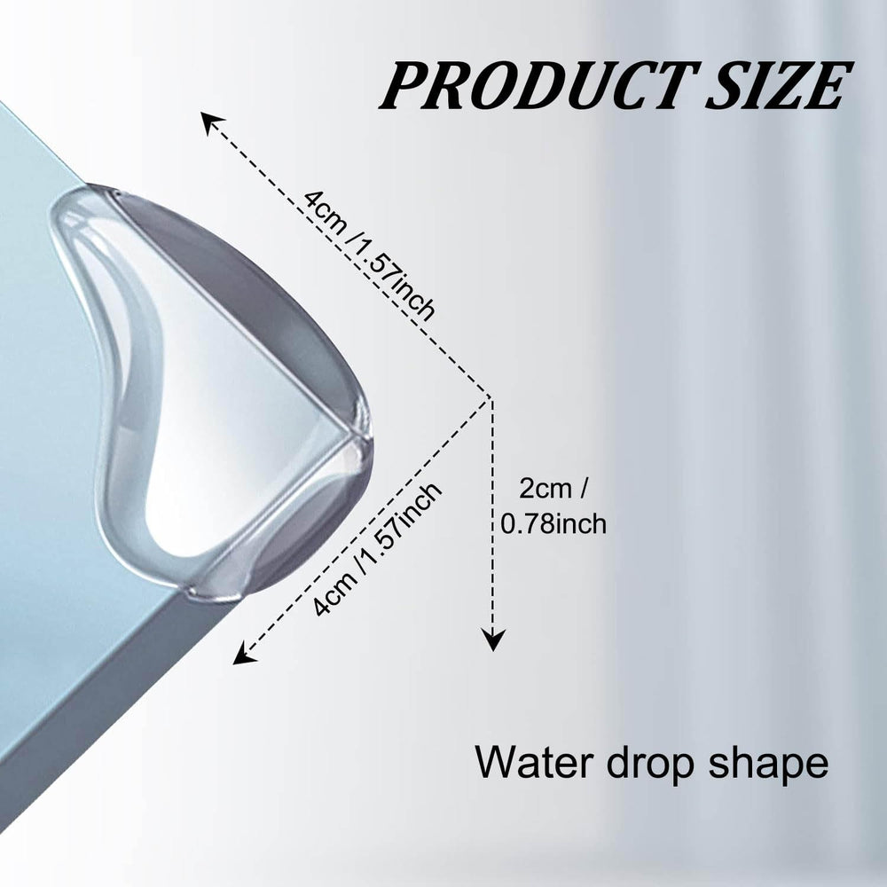 Adhesive-back Acdiac Waterdrop Corner Protector applied to wood, glass, or metal.