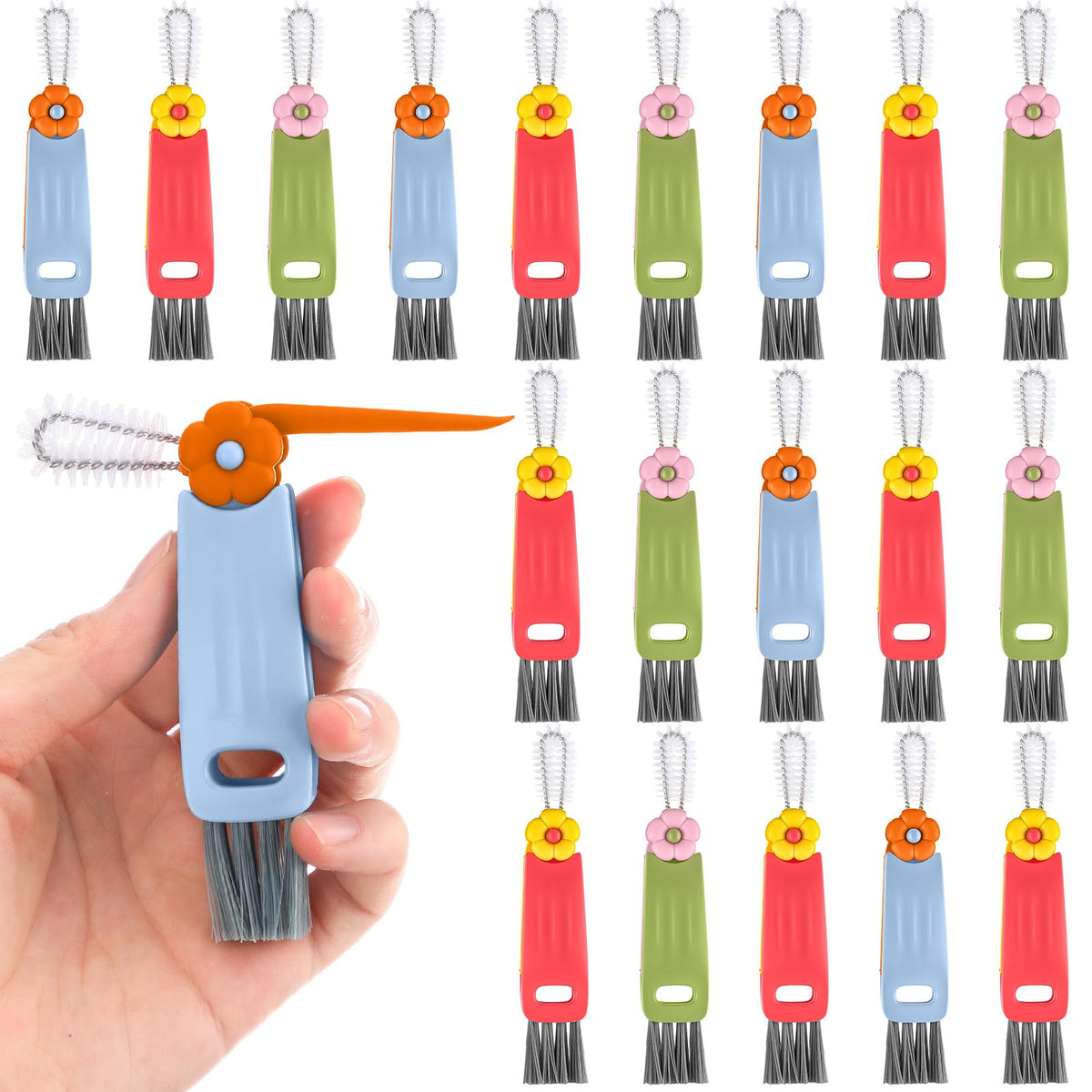Acellegic 20-pack 3-in-1 cup lid brushes for cleaning bottle openings effectively with adjustable heads.