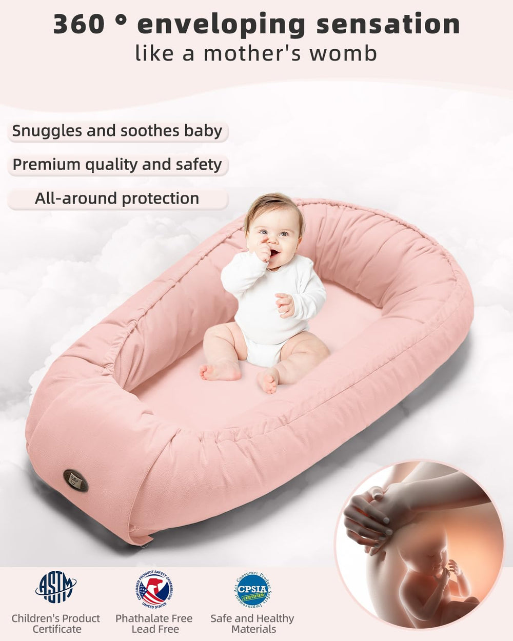 ACIROC Baby Lounger Pillow pink side detail highlighting thick edging for secure support