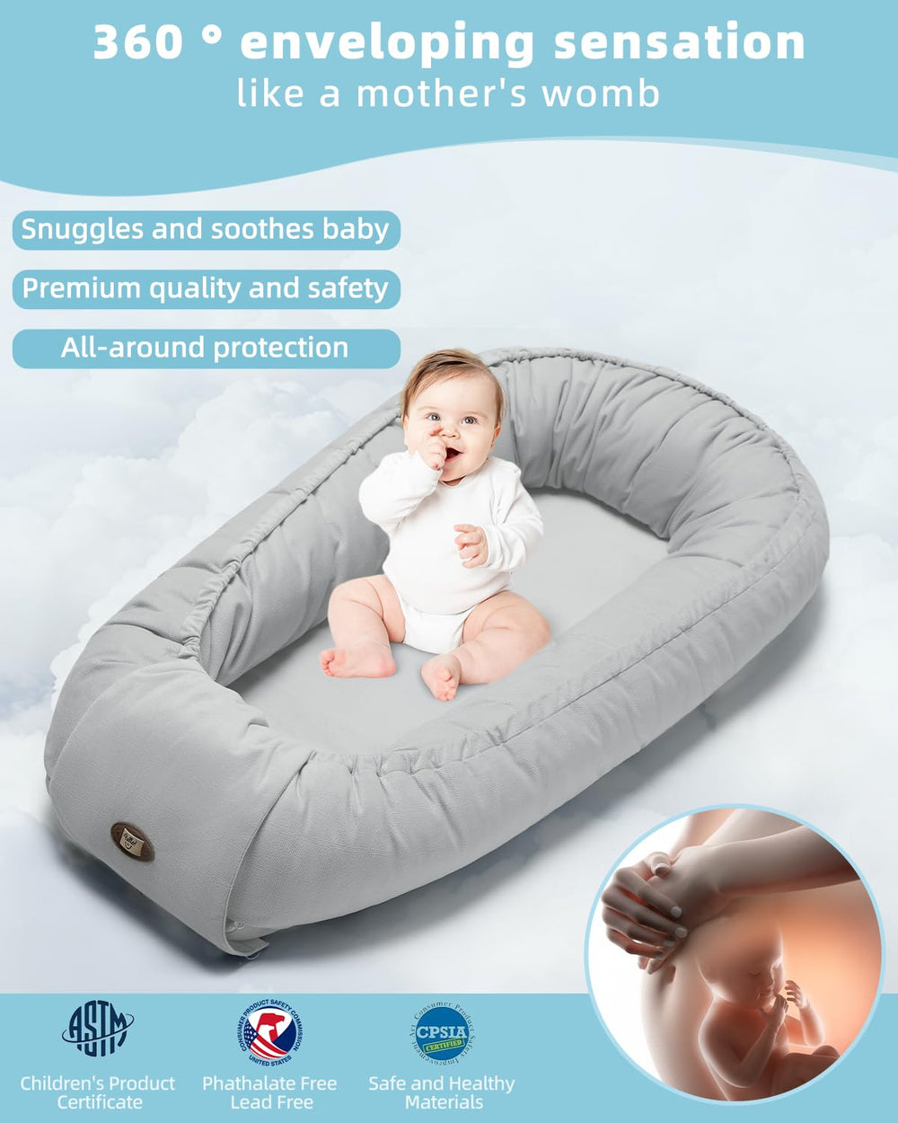 ACIROC baby lounger pillow thicker edging and 360° support for snug security.