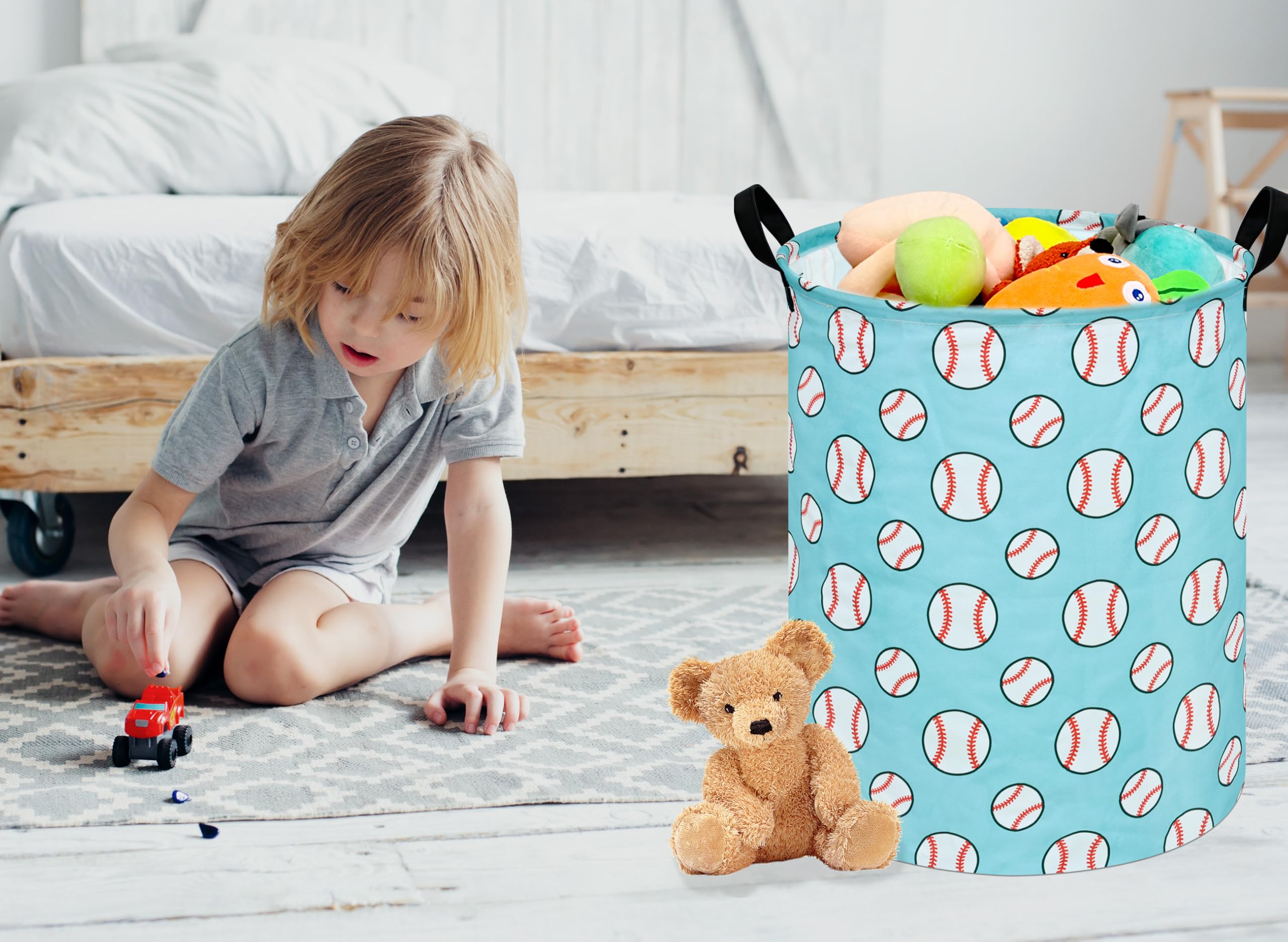 ACMUUNI round laundry hamper in a kid's bedroom, blends with decor.