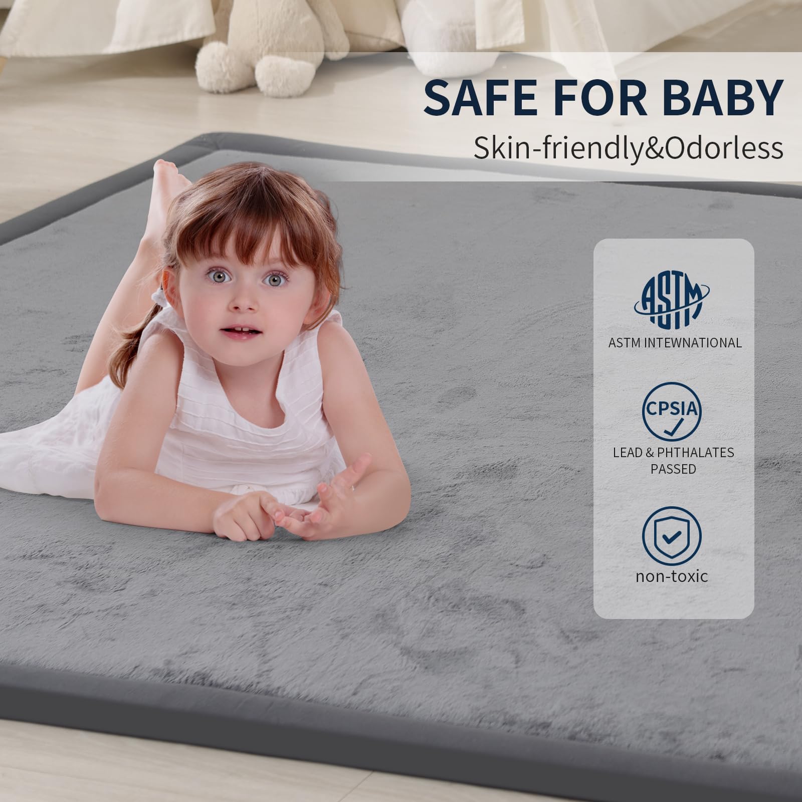 ACOMOPACK Baby Play Mat demonstrates 71x79 inch spacious size for tummy time.