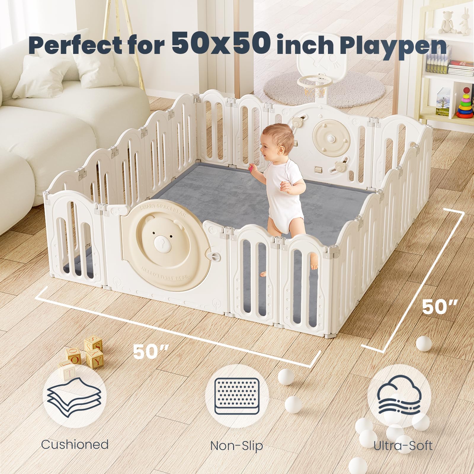 ACOMOPACK play mat fits 50x50 playpens for secure cushioned play.
