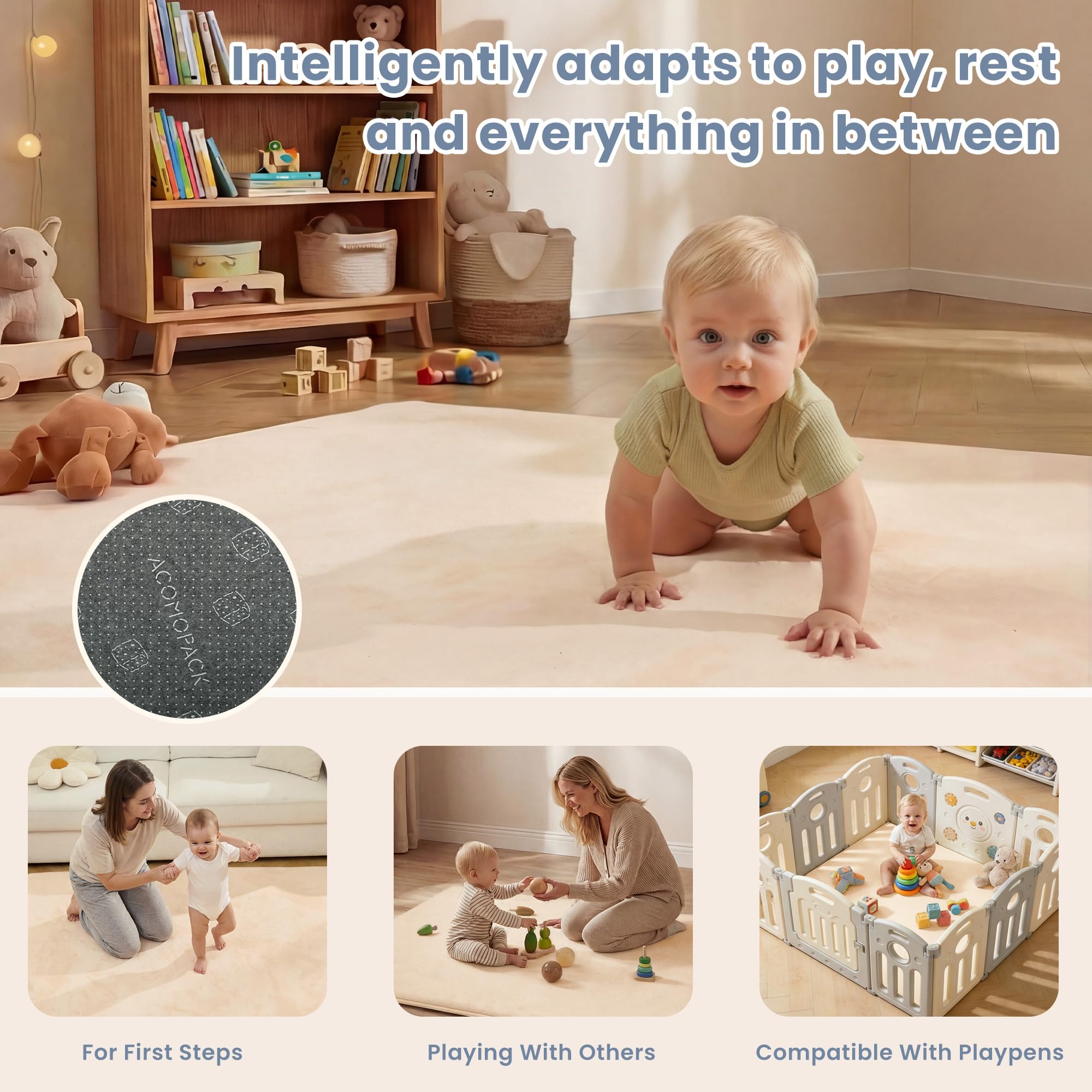 ACOMOPACK 50x50 playpen fit creates a safe crawling zone.