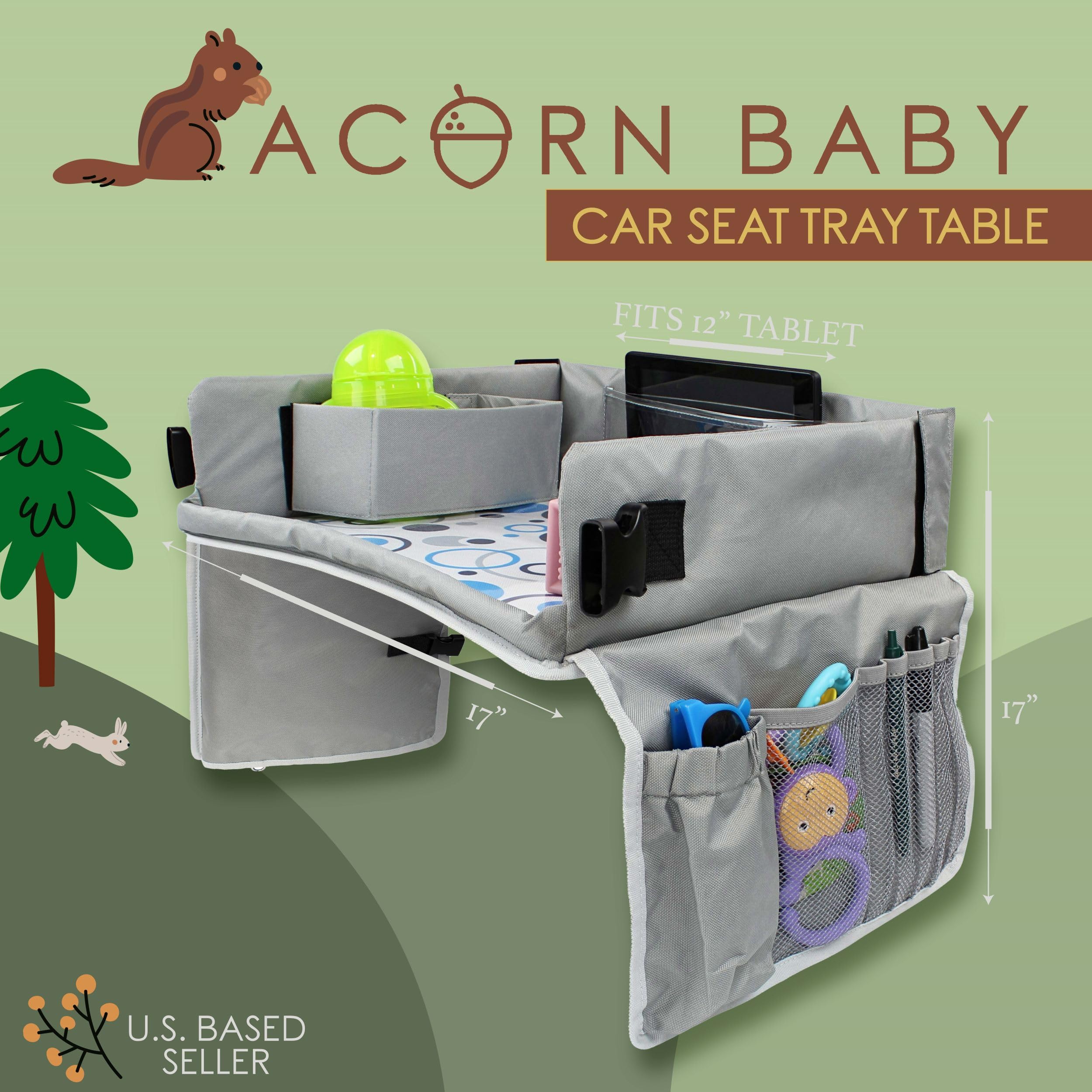 Acorn Baby backseat tray in collapsible view keeps snacks off the floor.