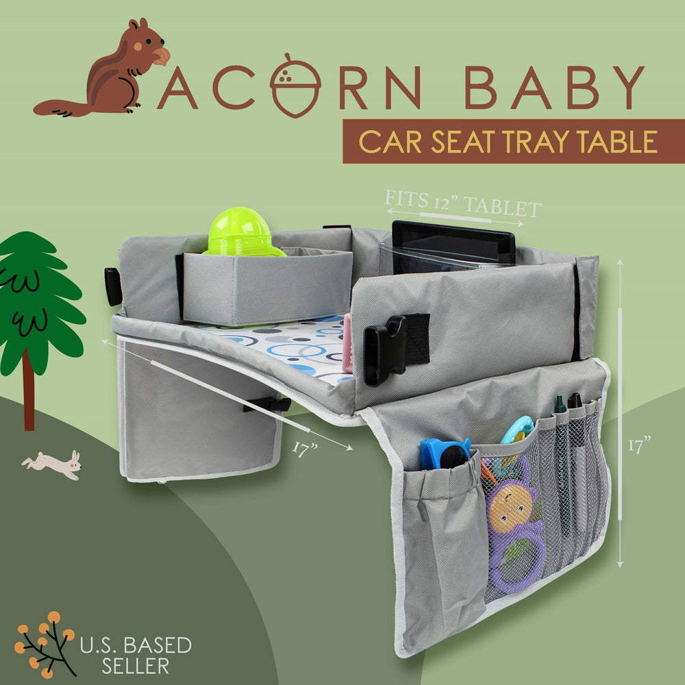 Acorn Baby backseat tray in collapsible view keeps snacks off the floor.
