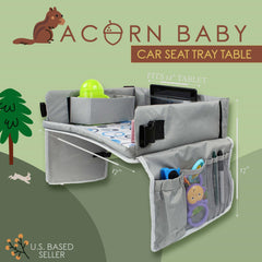 Acorn Baby backseat tray in collapsible view keeps snacks off the floor.