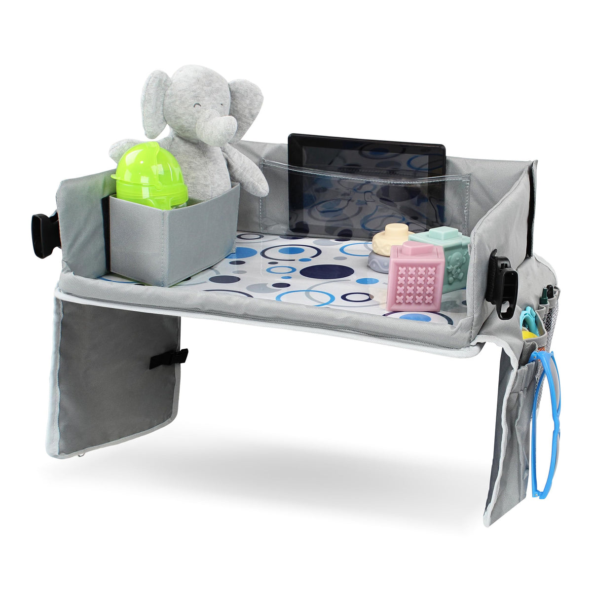 Acorn Baby Foldable Backseat Tray Table setup for on-the-go kids' activity.