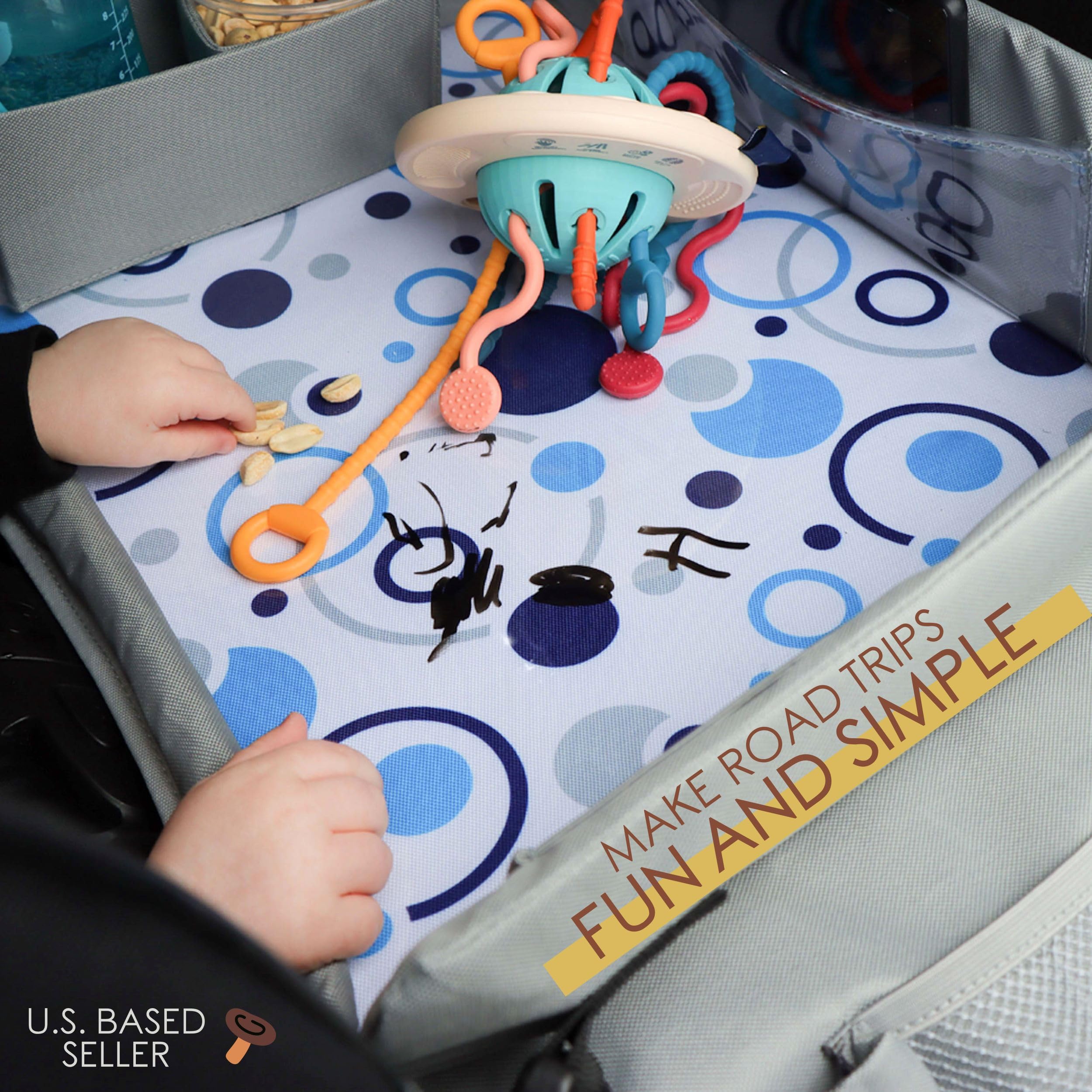 Acorn Baby tray with cupholder and bumpers keeps toys in place.