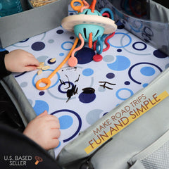 Acorn Baby tray with cupholder and bumpers keeps toys in place.