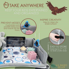 Acorn Baby tray in use with tablet sleeve supports kid-friendly entertainment.