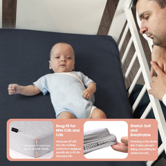 ACRABROS protector shows elastic edges securing a standard crib mattress.