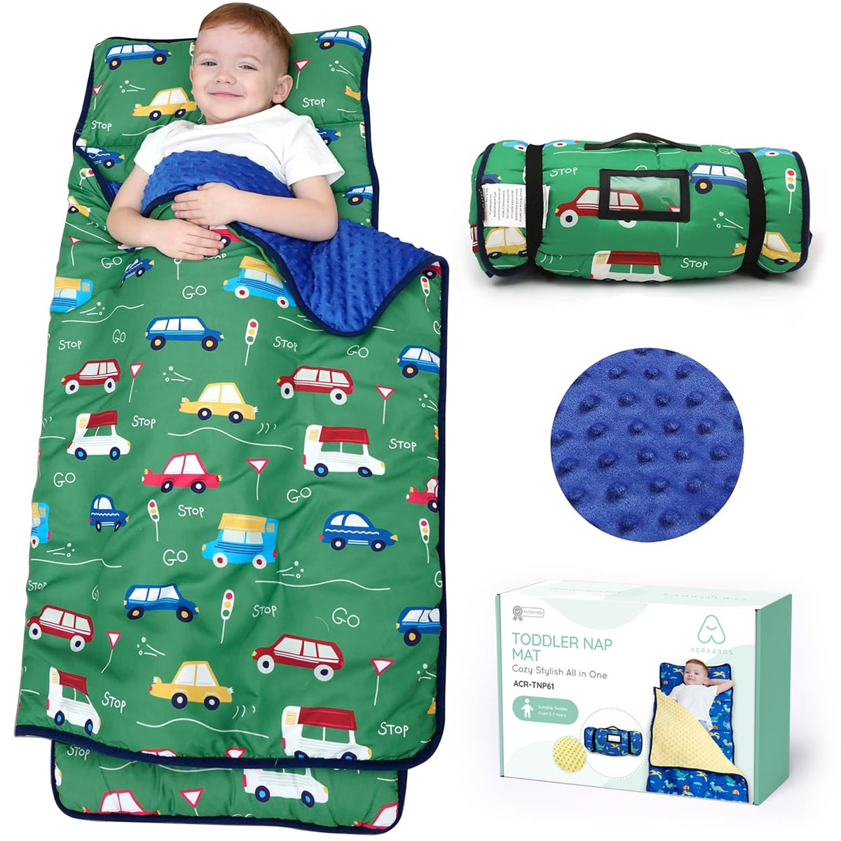 ACRABROS Toddler Nap Mat with Pillow closeup shows ultra-soft fabric for cozy naps.