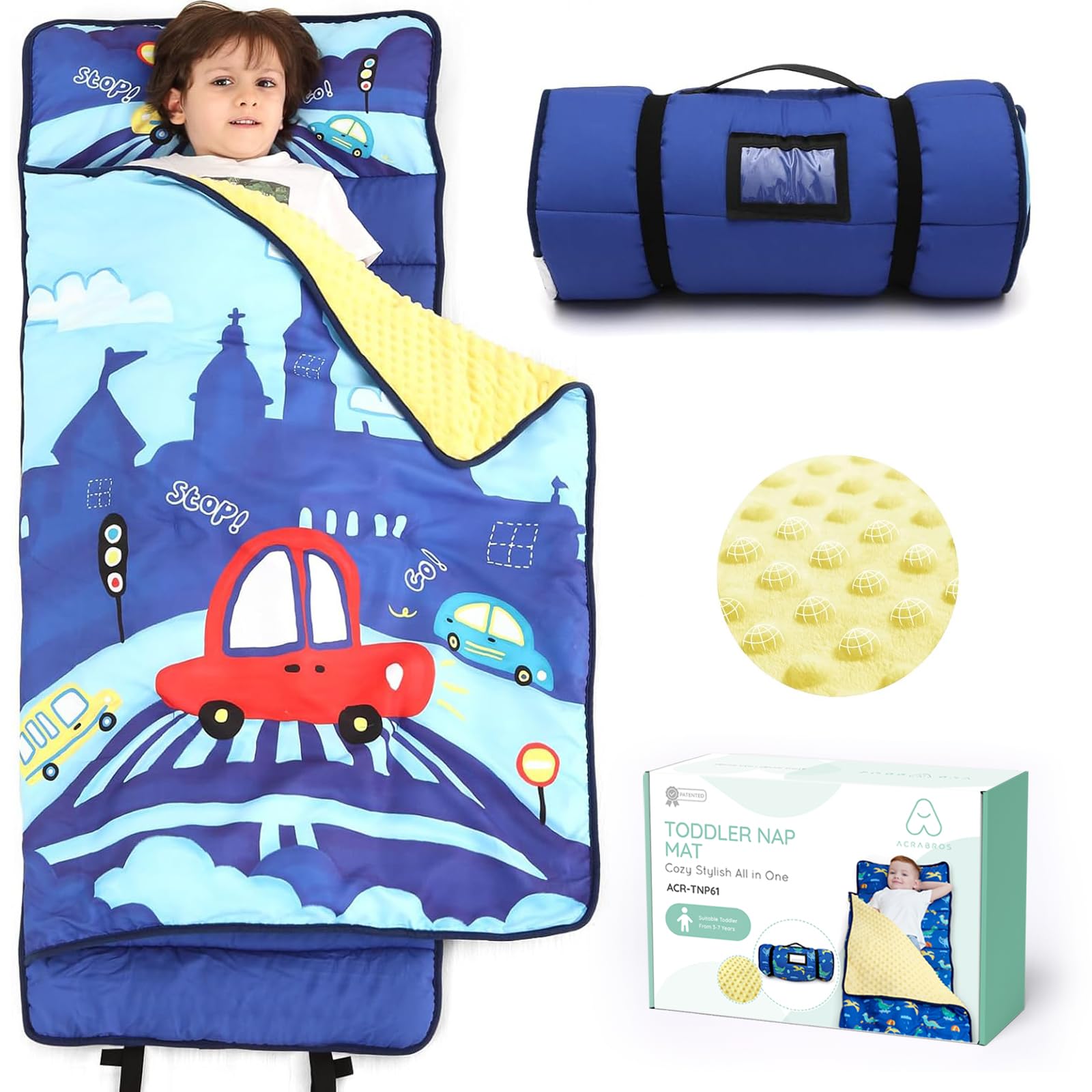 ACRABROS Toddler Nap Mat rolled for easy storage and portability.
