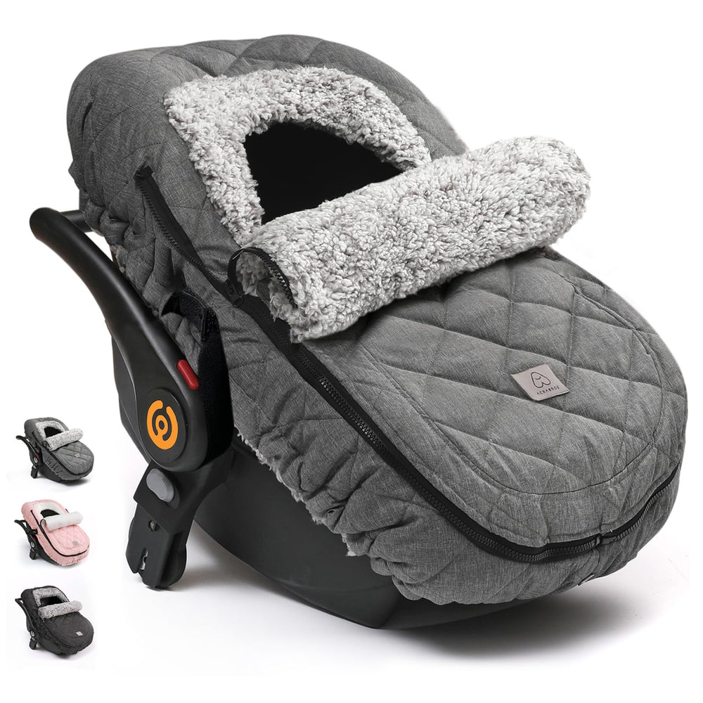 ACRABROS winter infant car seat cover closeup of zipper peep window for breathable, safe checks